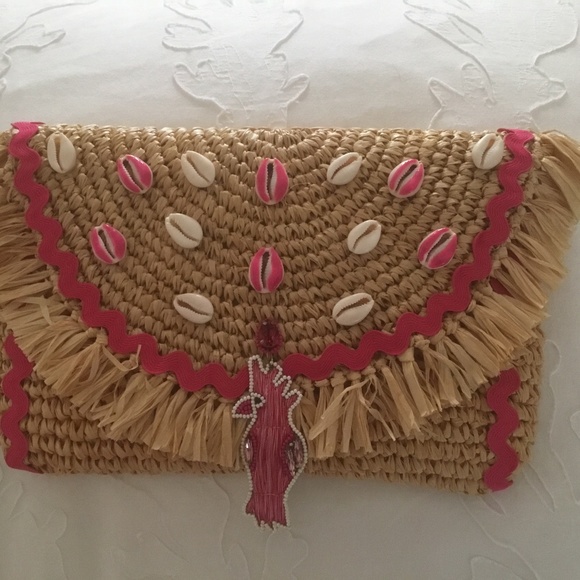 Pink Cockatoo Ribbon Straw Clutch NWT - Picture 1 of 5